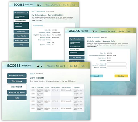 Various screenshots of the Access Services Rider360 web application