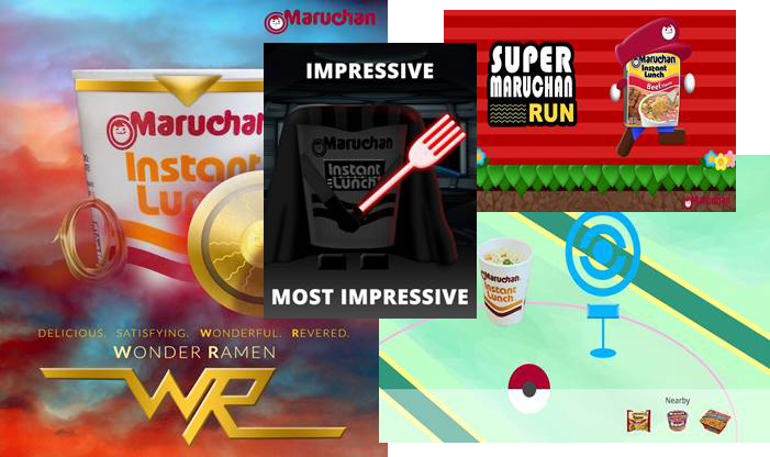 Screenshot of the Maruchan Facebook page, a Facebook post regarding Pokemon Go, and a campaign banner. 