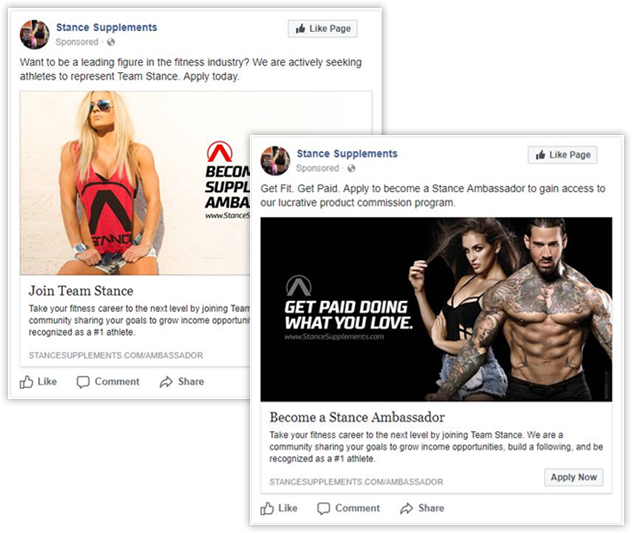 Screenshot of Nutrishops's Stance Supplements Facebook posts. 