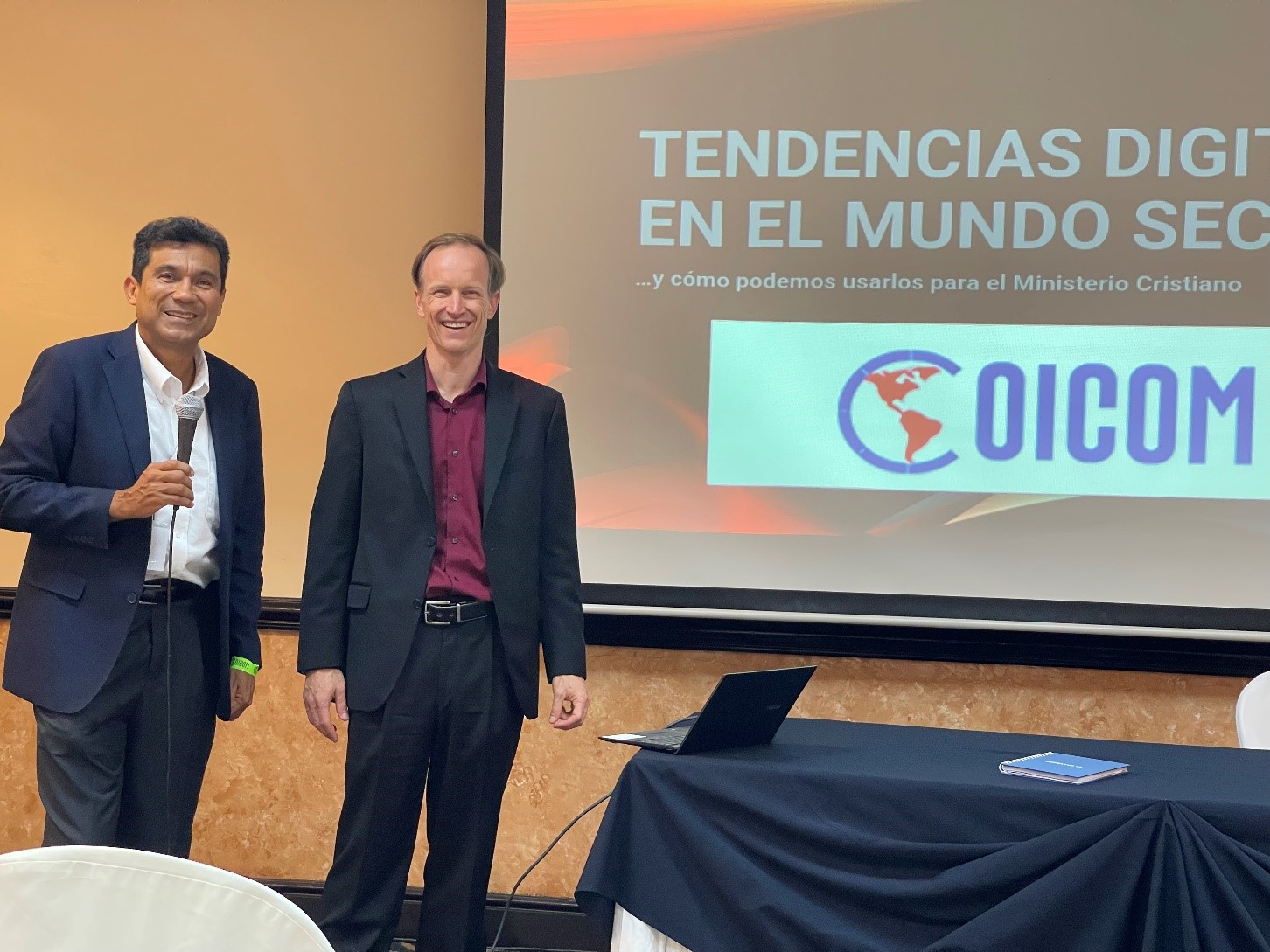 John Carley, CEO of Trinet Internet Solutions (right) and Arnold Enns, President of COICOM at the COICOM 2023 Conference in San Salvador, El Salvador.